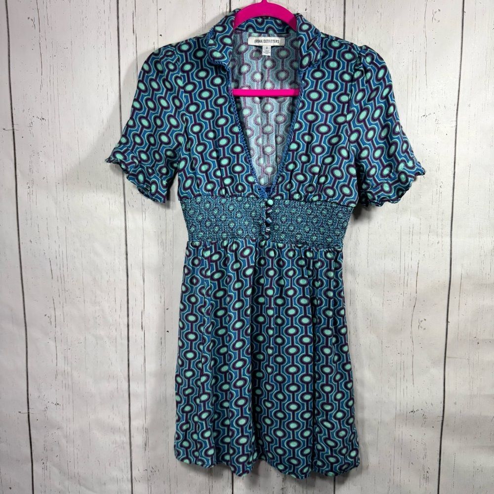 Urban Outfitters Blue Geometric Print Mini Dress Size S Smock Empire Waist Boho